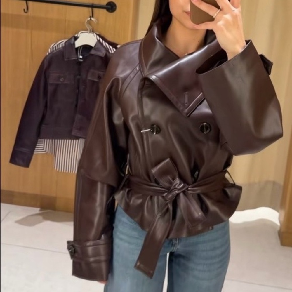MANGO Faux Leather Belted Jacket